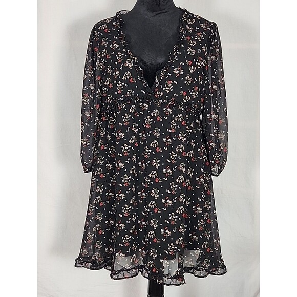NWT - Hesperus Mini Dress Floral Ruffle V-Neck Sheer Lined Womens Size XL Boho - Picture 1 of 14